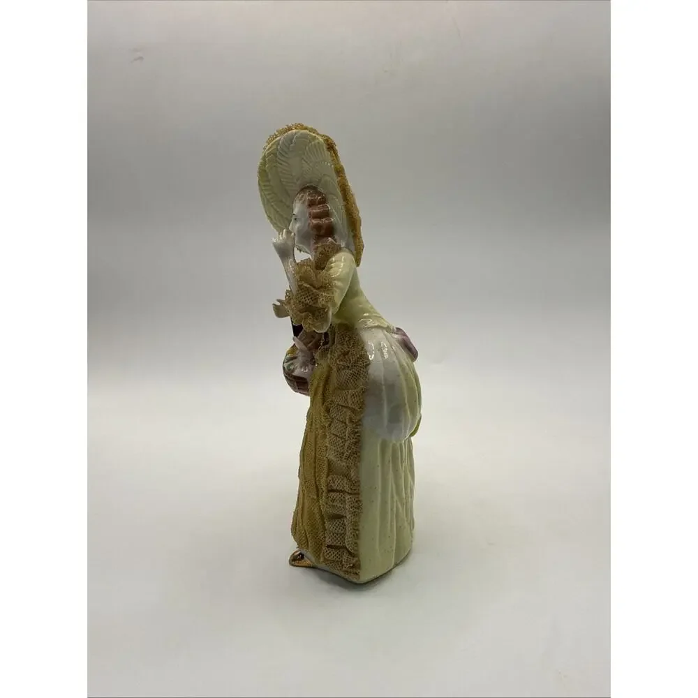 Vintage Porcelain Lace Lady Figurine 6” Victorian Woman Yellow Dress Bonnet *